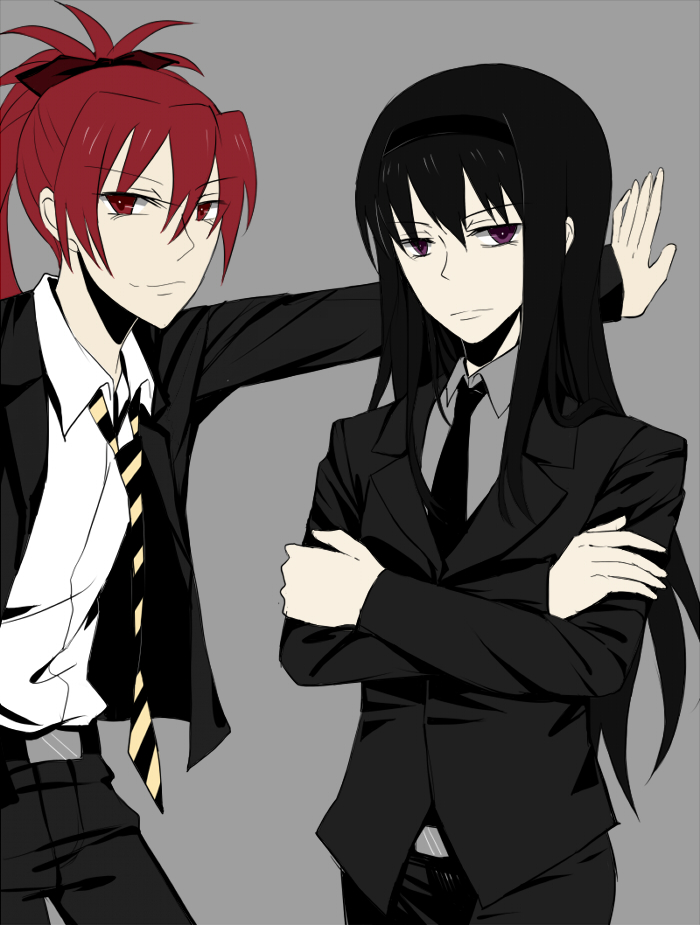 10s, 2girls, akemi_homura, ashthorn, bad_id, bad_pixiv_id, black_hair, bow