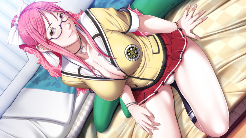 1girl, bed, blush, breasts, cleavage, female_focus, game_cg, glasses, hair_ribbon, highres, kusukawa_suzune, large_breasts, legs, long_hair, looking_at_viewer, p/a:_potential_ability, panties, pantyshot, pink_eyes, pink_hair, ponytail, ribbon, school_uniform, sei_shoujo, sitting, skirt, smile, socks, solo, thighs, underwear, upskirt