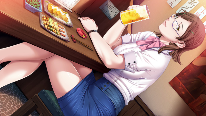 1girl, alcohol, bare_legs, beer, breasts, brown_eyes, brown_hair, chair