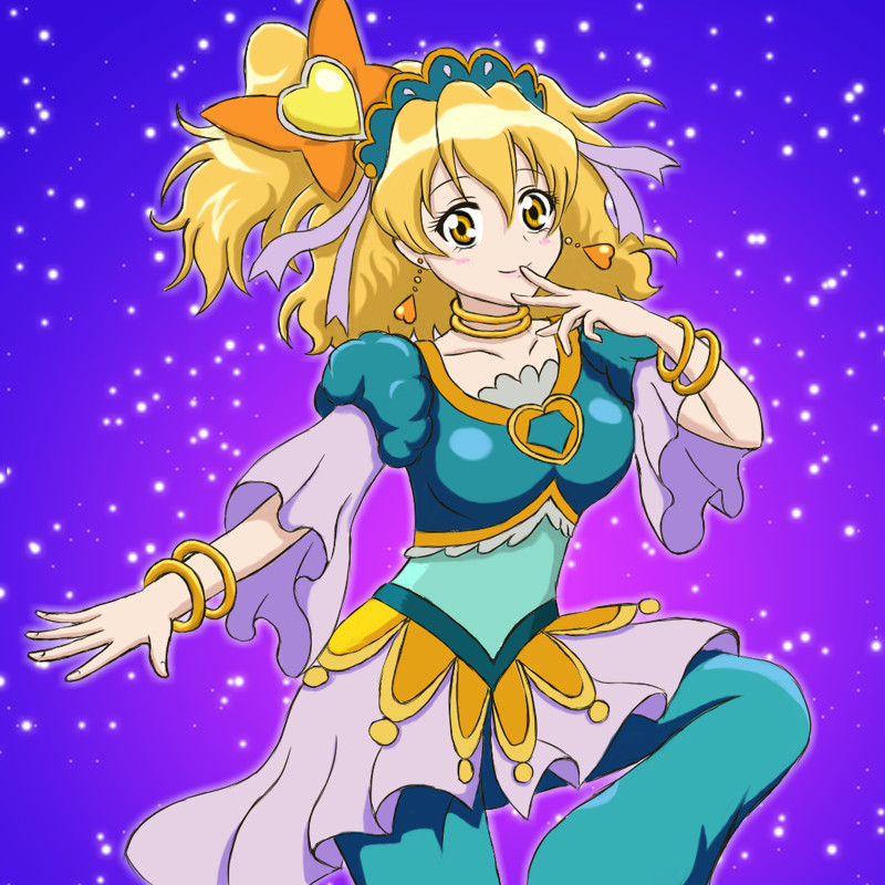 1girl, arabian, blue_background, bow, bracelet, brown_eyes, brown_hair, choker, cosplay, cure_fortune, cure_fortune_(cosplay), cure_fortune_(pine_arabian), cure_pine, earrings, female_focus, fresh_precure!, hair_bow, hair_ornament, happinesscharge_precure!, headdress, heart, heart_hair_ornament, jewelry, lots_of_jewelry, magical_girl, name_connection, pants, precure, short_hair, side_ponytail, smile, solo, white_crow_(pl66), yamabuki_inori