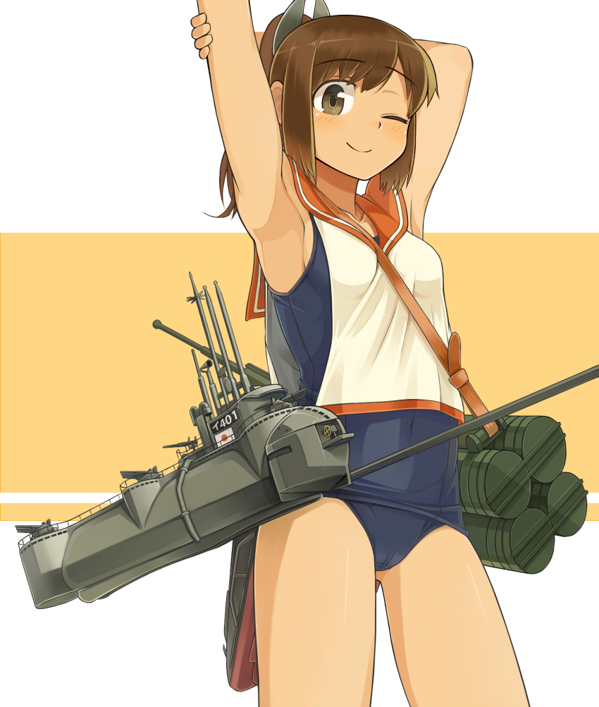 10s, 1girl, ;), armpits, brown_eyes, brown_hair, cowboy_shot, female_focus