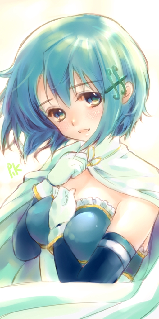 10s, 1girl, armband, bad_id, bad_pixiv_id, blue_eyes, blue_hair, cape