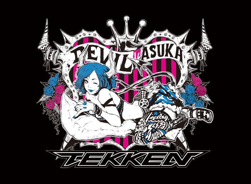 1girl, ;), alternate_costume, black_background, breasts, copyright_name, demon_girl, demon_horns