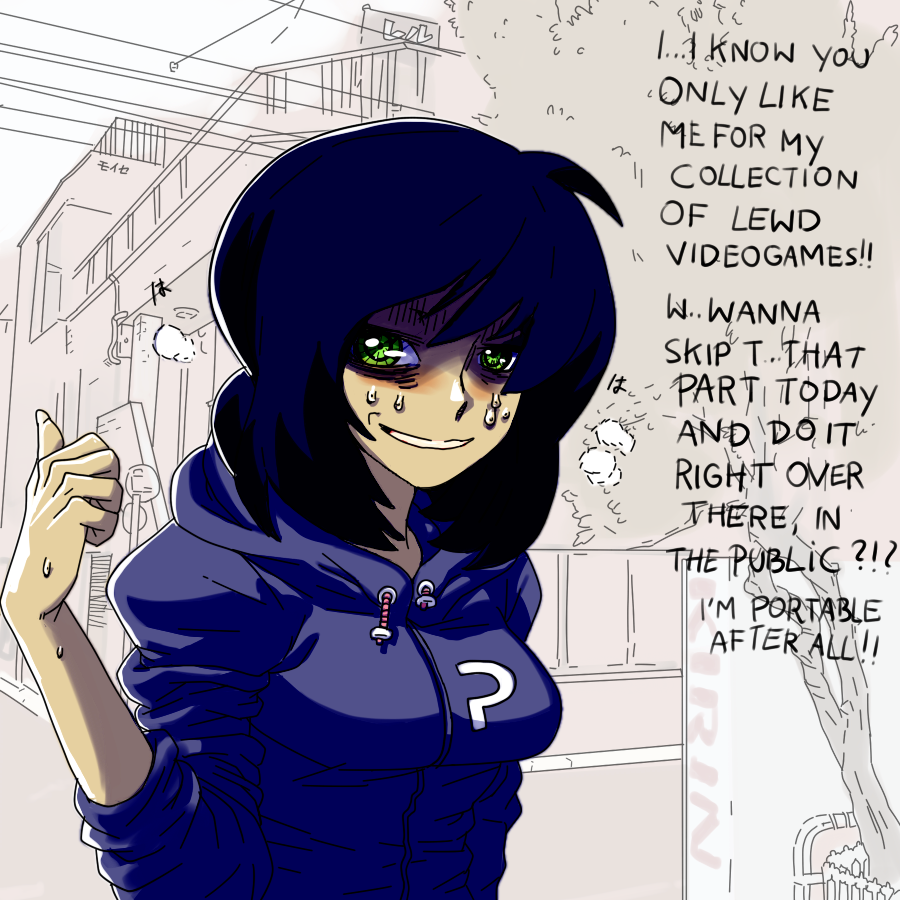 blue_hair, console-tan, handheld_game_console, moyse, playstation_vita, sweat, vita-tan