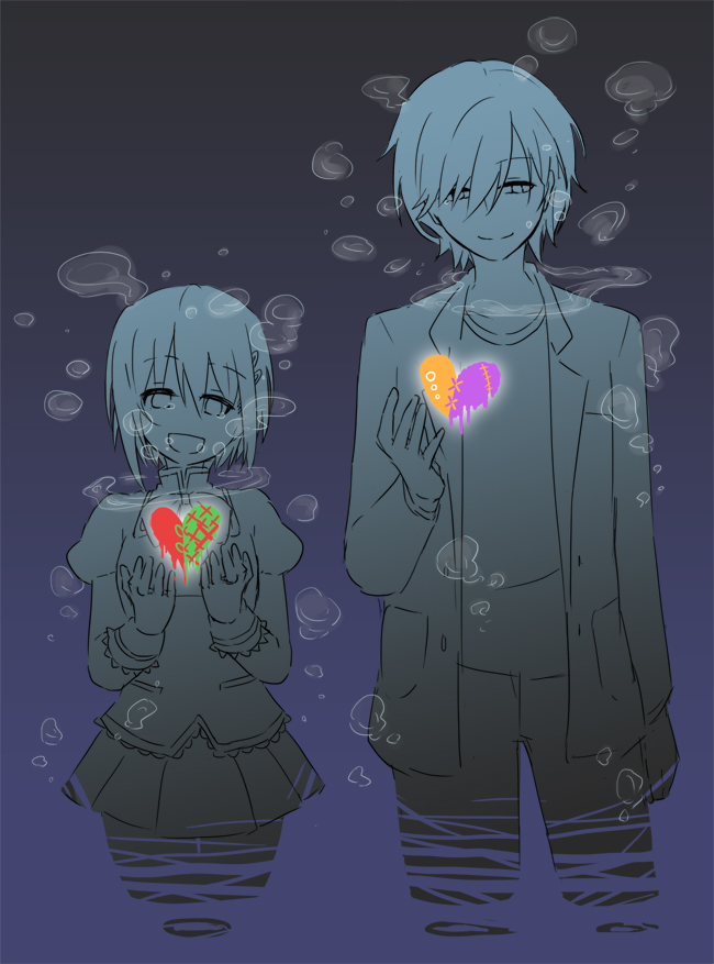 10s, 1boy, 1girl, blazer, bubble, creator_connection, hair_ornament, hairclip