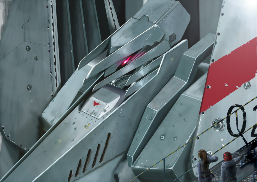 1boy, 1girl, damaged, dutch_angle, engineer, guardian_(mecha), hangar, helmet, i.t.o_daynamics, mecha, mecha_focus, morito_(sidonia_no_kishi), ponytail, realistic, robot, salute, sasaki_(sidonia_no_kishi), science_fiction, sidonia_no_kishi, tanba_shinsuke, tsugumori, uniform