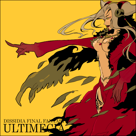 1990s_(style), 1girl, breasts, cleavage, dissidia_final_fantasy, dress, female_focus, final_fantasy, final_fantasy_viii, flat_color, fur_collar, gloves, lowres, midriff, navel, no_nipples, oukan, silver_hair, solo, tattoo, ultimecia, wind, wings