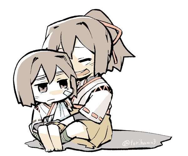 10s, 2girls, :d, ^_^, arm_sling, bandages, barefoot, brown_eyes