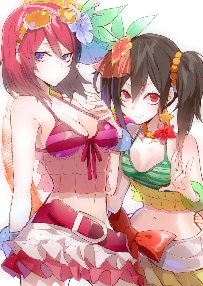 10s, 2girls, bad_id, bad_pixiv_id, belt, bikini, black_hair, bow