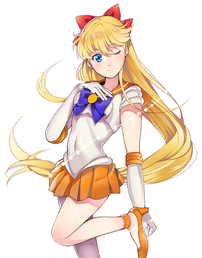 1girl, ;), aino_minako, bad_id, bad_pixiv_id, bishoujo_senshi_sailor_moon, blonde_hair, blue_eyes, bow, choker, elbow_gloves, female_focus, gloves, hair_bow, half_updo, hand_on_own_chest, high_heels, jewelry, l_(nanaki_0524), leg_up, long_hair, looking_at_viewer, magical_girl, nanaki_0524, no_choker, one_eye_closed, orange_skirt, red_bow, sailor_collar, sailor_venus, short_sleeves, simple_background, skirt, smile, solo, standing, standing_on_one_leg, tiara, white_background, white_gloves