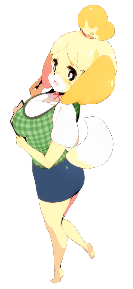 1girl, animal_crossing, black_eyes, blonde_hair, breasts, dog, dog_girl, female_focus, furry, furry_female, isabelle_(animal_crossing), large_breasts, nintendo, pen, shulliy_baudelair, simple_background, smile, solo, tail, white_background