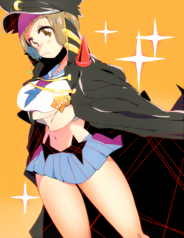 10s, 1girl, brown_eyes, brown_hair, coat, crop_top, crop_top_overhang, crossed_arms