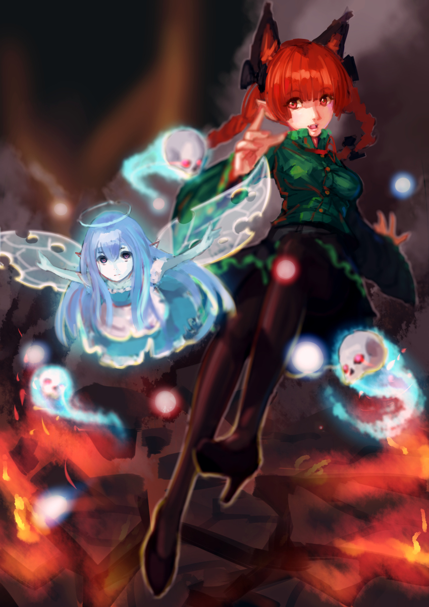 2girls, :|, absurdres, animal_ears, black_legwear, blurry, bow, cat_ears