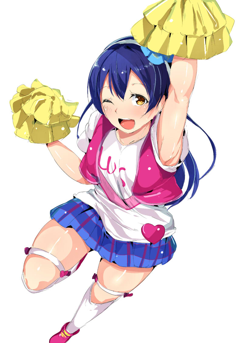 10s, 1girl, ;d, alp, arm_up, blue_hair, blush, brown_eyes, cheerleader, female_focus, happy_maker!, headband, long_hair, looking_at_viewer, love_live!, love_live!_school_idol_festival, love_live!_school_idol_project, one_eye_closed, open_mouth, pom_pom_(cheerleading), skirt, smile, solo, sonoda_umi, vest