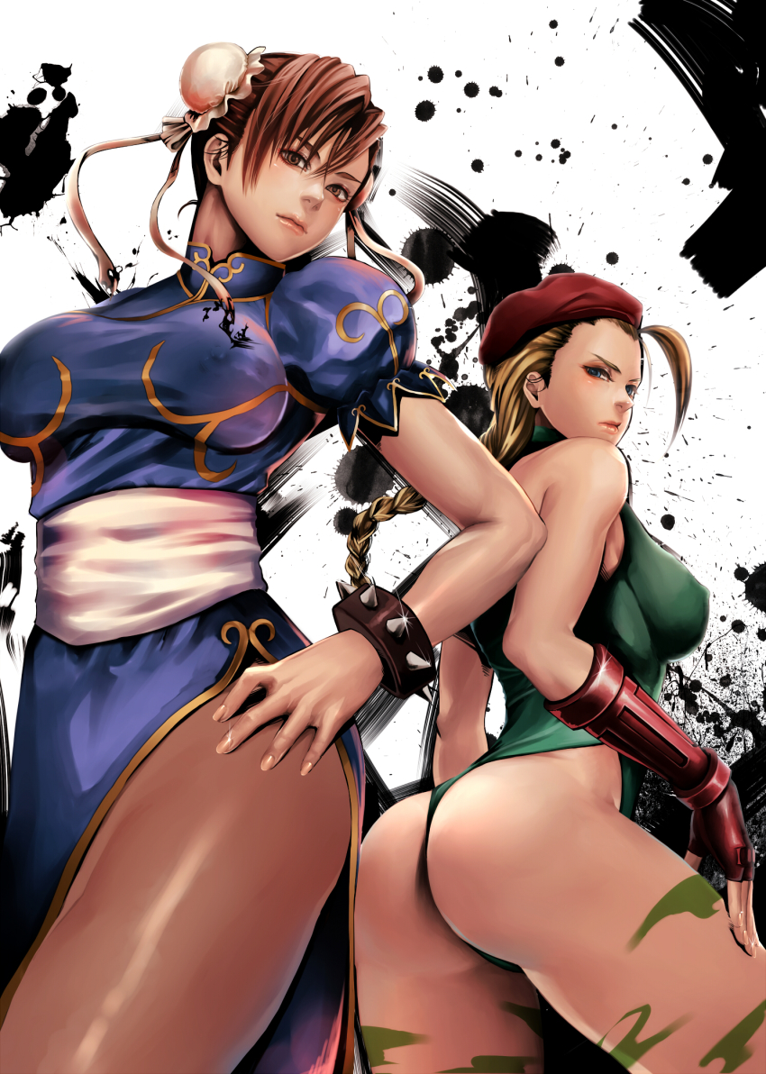 2girls, ass, bad_id, bad_pixiv_id, beret, blonde_hair, blue_eyes, bodypaint, breasts, brown_eyes, brown_hair, cammy_white, capcom, china_dress, chinese_clothes, chun-li, double_bun, dress, covered_erect_nipples, from_behind, frown, hand_on_own_hip, hat, highres, jun_jun, large_breasts, leotard, lips, looking_back, multiple_girls, nipples, pantyhose, pelvic_curtain, skin_tight, street_fighter, thighs