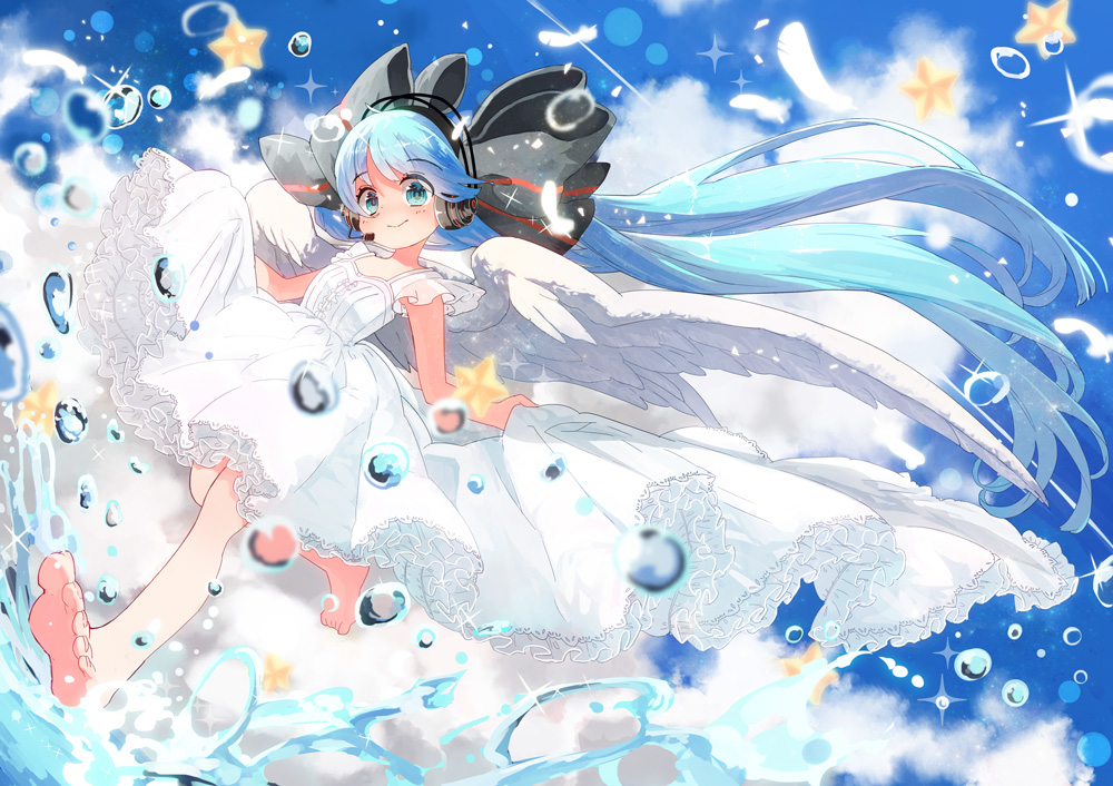 1girl, aqua_eyes, aqua_hair, bad_id, bad_pixiv_id, barefoot, dress, feathers