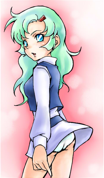 1girl, blue_eyes, dress, elchi_cargo, female_focus, gradient_background, green_hair, hair_ornament, hairclip, long_hair, namakonyuru, panties, sentou_mecha_xabungle, solo, underwear, white_background, white_panties