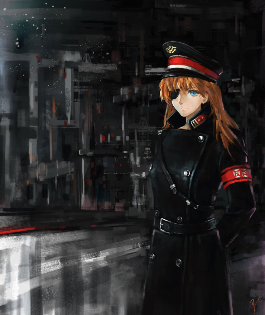 1girl, absurdres, armband, artistic_error, belt, female_focus, gs_(raygao211), hat, highres, military, military_uniform, neon_genesis_evangelion, parody, peaked_cap, solo, souryuu_asuka_langley