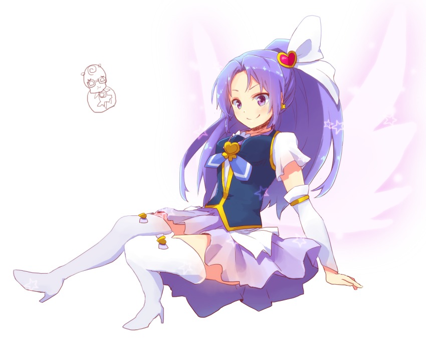 10s, 1girl, arm_warmers, blush, boots, brooch, cure_fortune, detached_sleeves, earrings, eyelashes, female_focus, full_body, gurasan_(precure), hair_ornament, happinesscharge_precure!, happy, heart, heart_brooch, heart_hair_ornament, high_heels, hiiragi_syuu, hikawa_iona, jewelry, long_hair, looking_at_viewer, magical_girl, mniarnoako, ponytail, precure, purple_eyes, purple_hair, purple_skirt, shirt, simple_background, sketch, skirt, smile, solo, thigh_boots, thighhighs, vest, white_arm_warmers, white_background, wide_ponytail, zettai_ryouiki