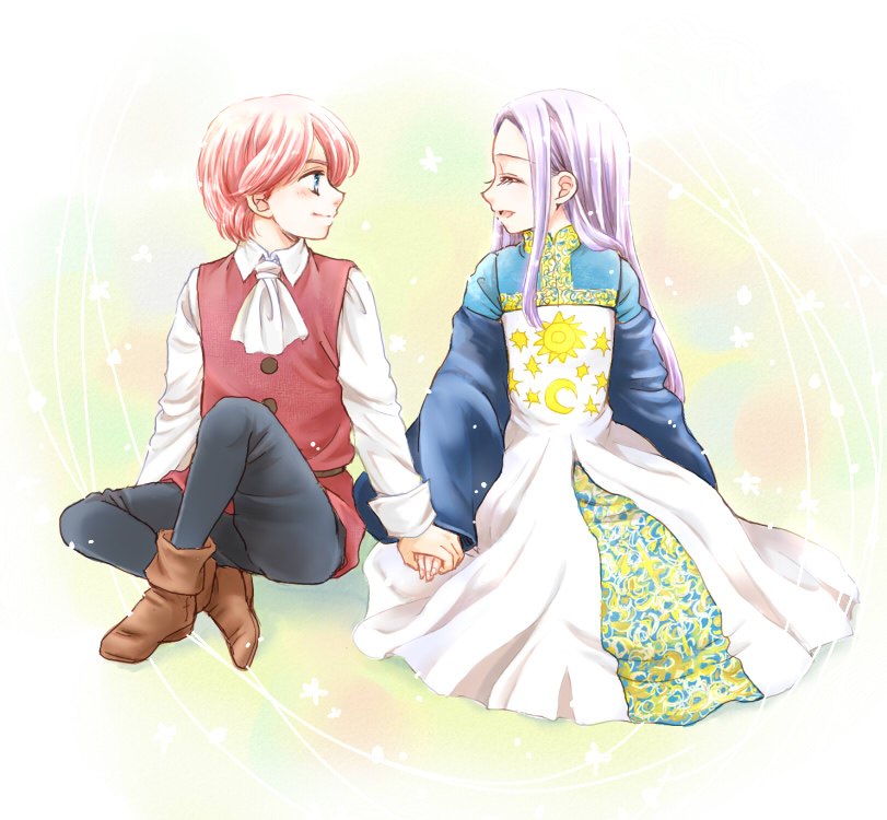 10s, 1boy, 1girl, blue_eyes, blush, boots, couple, dress
