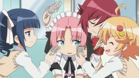 10s, 18-kin, 1boy, 3girls, ahoge, albertina_the_2nd, animated, animated_gif, arikawa_hime, crossdressing, himegoto, lowres, maid, money, multiple_girls, pink_hair, sadako_(himegoto), short_hair, subtitled, tagme, trap