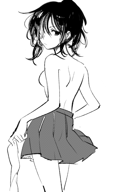 1girl, back, black_eyes, black_hair, breasts, coppelion, female_focus, greyscale, hair_over_one_eye, ichikawa_meisa, looking_at_viewer, looking_back, miniskirt, monochrome, penki, pleated_skirt, ponytail, short_ponytail, skirt, small_breasts, solo, topless_female