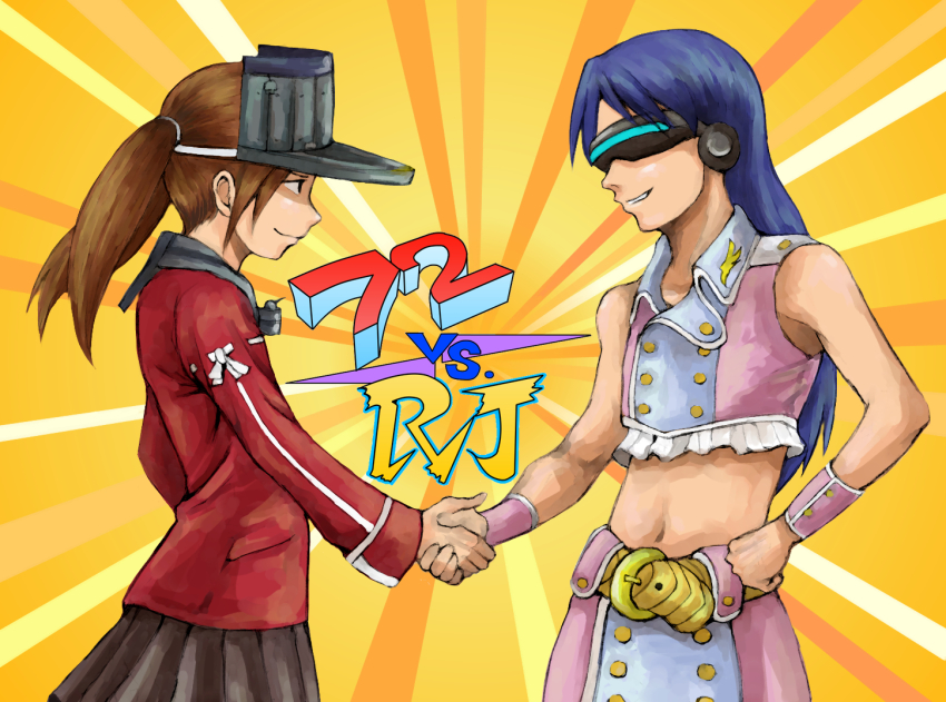 2girls, blue_hair, brown_eyes, brown_hair, cosplay, crossover, cyclops_(x-men), cyclops_(x-men)_(cosplay)