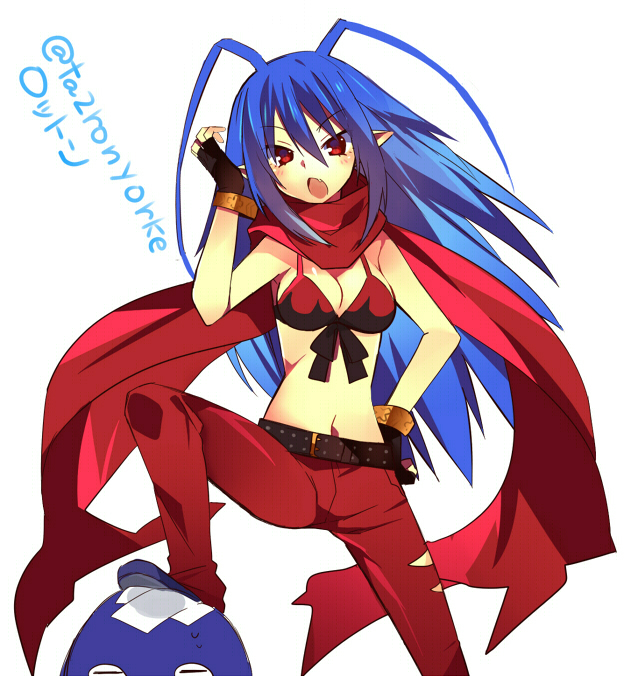 1girl, belt, bikini, bikini_top_only, blue_hair, breasts, disgaea, disgaea_d2, fang, gender_request, genderswap, gloves, laharl, laharl-chan, lololotton, long_hair, pointy_ears, prinny, red_eyes, scarf, swimsuit