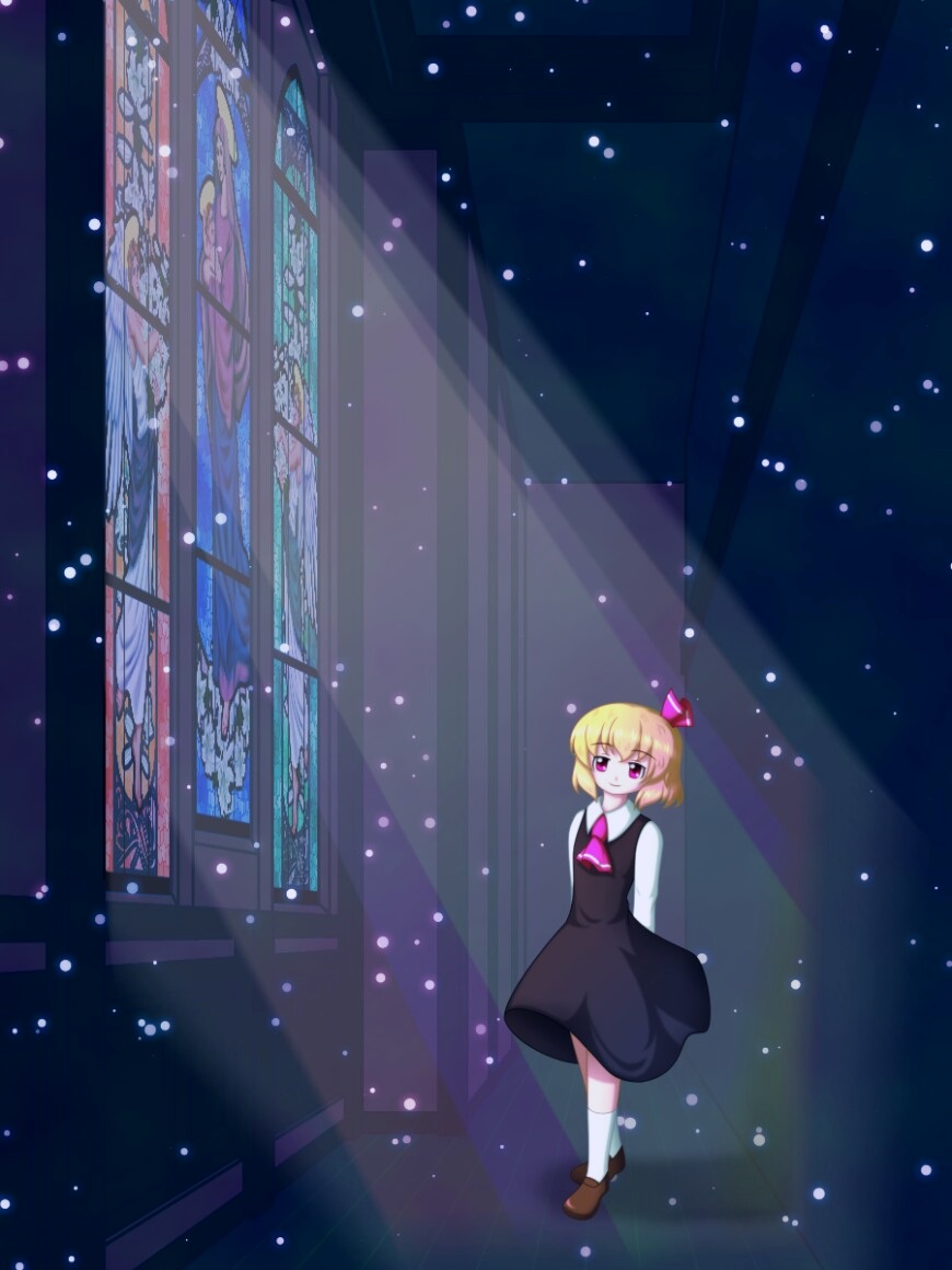 arms_behind_back, ascot, blonde_hair, blouse, dress, glass, hair_ribbon, ilk, light, light_particles, mosaic_art, red_eyes, ribbon, rumia, shirt, short_hair, smile, solo, touhou, window