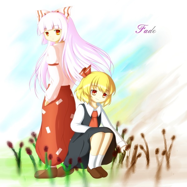 2girls, blonde_hair, blouse, bow, dress, fujiwara_no_mokou, hair_bow, ilk