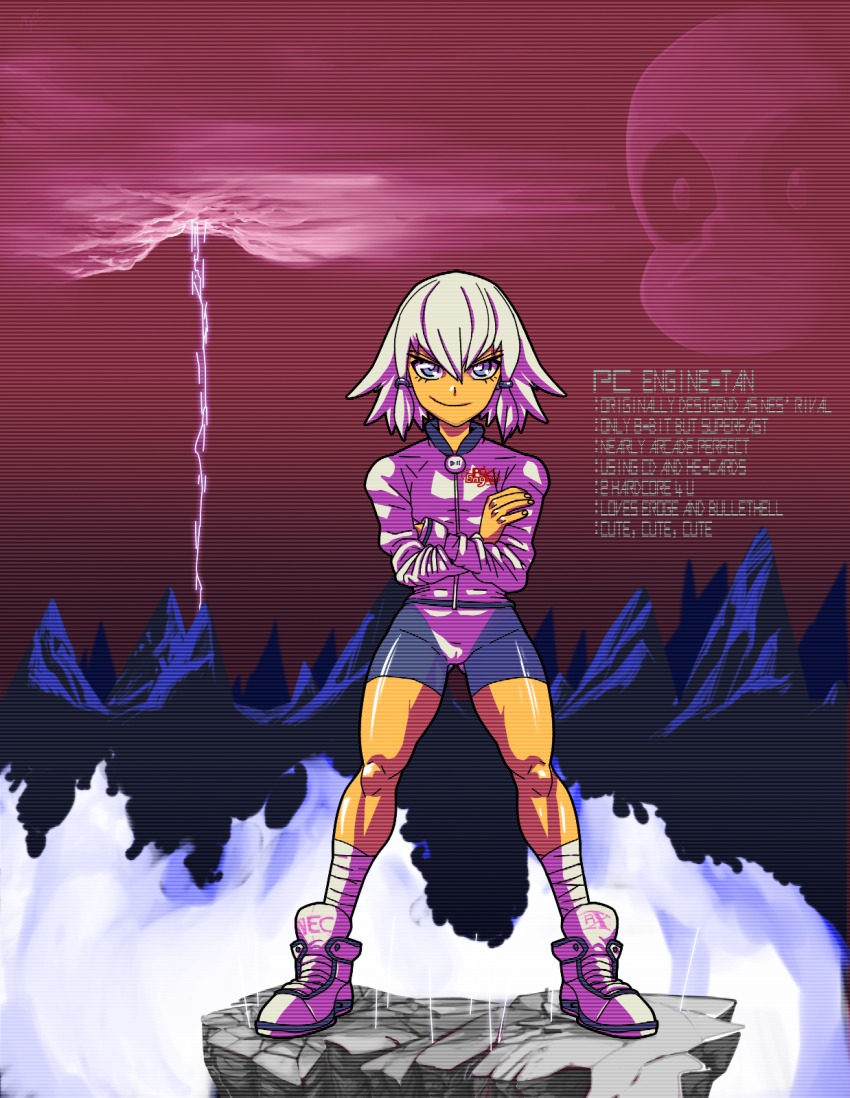 1girl, bandaged_leg, bandages, bike_shorts, bonk, character_name, cloud, console