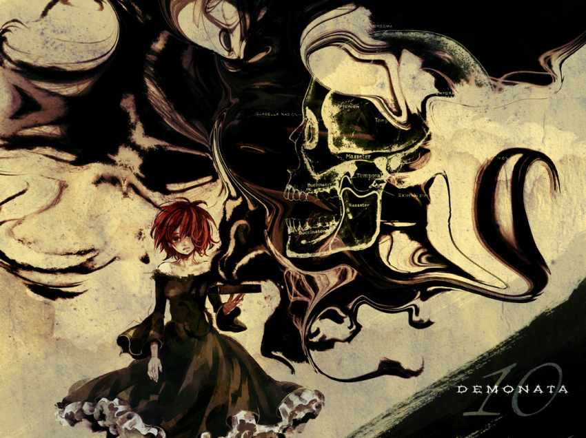 1girl, bare_shoulders, bec_mcconn, black_dress, book, copyright_name, dress, expressionless