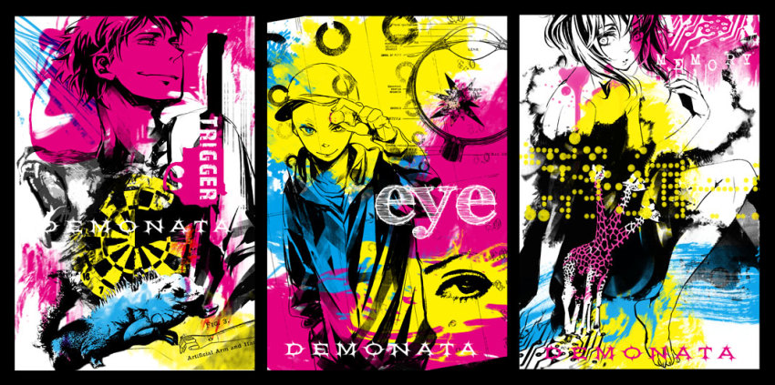 1girl, 2boys, bare_shoulders, barefoot, bec_mcconn, copyright_name, dress, eyeball