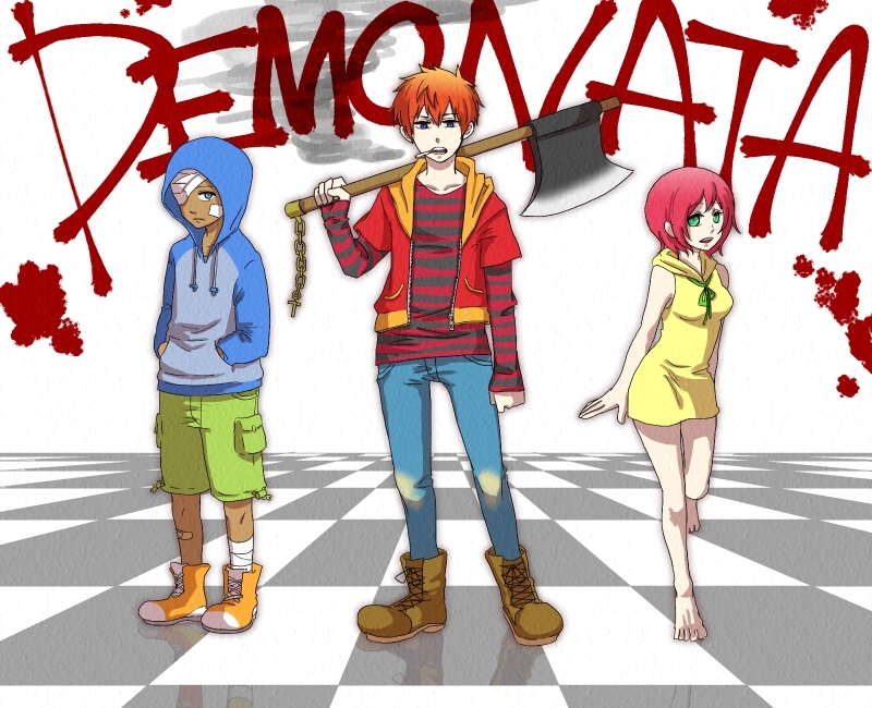 1girl, 2boys, axe, bald, bandage_over_one_eye, bandages, bare_shoulders, barefoot