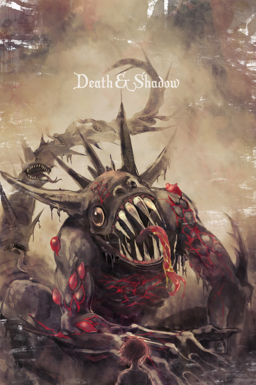 1girl, bec_mcconn, beranabus, claws, eldritch_abomination, english_text, from_behind, hys122211, monster, open_mouth, red_hair, short_hair, spoilers, tail, teeth, the_demonata, tongue, tongue_out