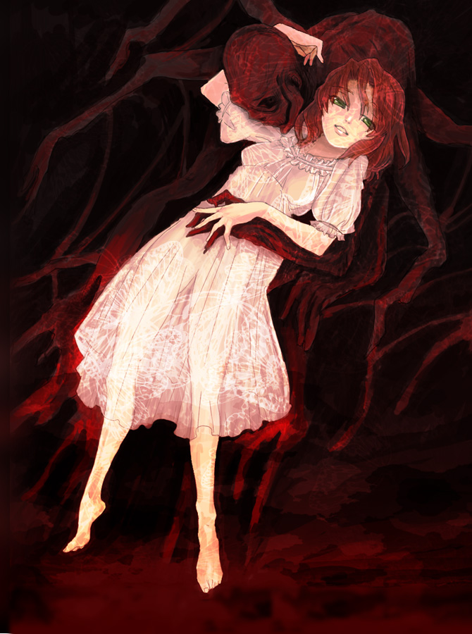 1girl, bad_id, bad_pixiv_id, barefoot, bec_mcconn, dress, extra_arms, green_eyes, lord_loss, monster, open_mouth, red_hair, short_hair, skull, smile, the_demonata, yamado