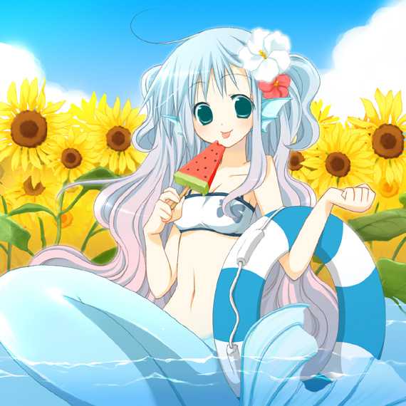 1girl, :p, bikini, bikini_top_only, blue_hair, day, female_focus, fins