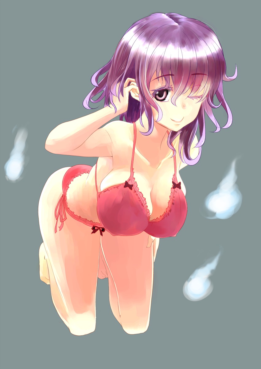1girl, ;), absurdres, bad_id, bad_pixiv_id, bra, breasts, cleavage