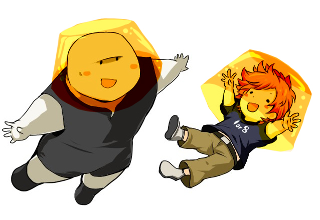 2boys, alien, another_world, buddy_(another_world), chibi, floating, happy, helmet