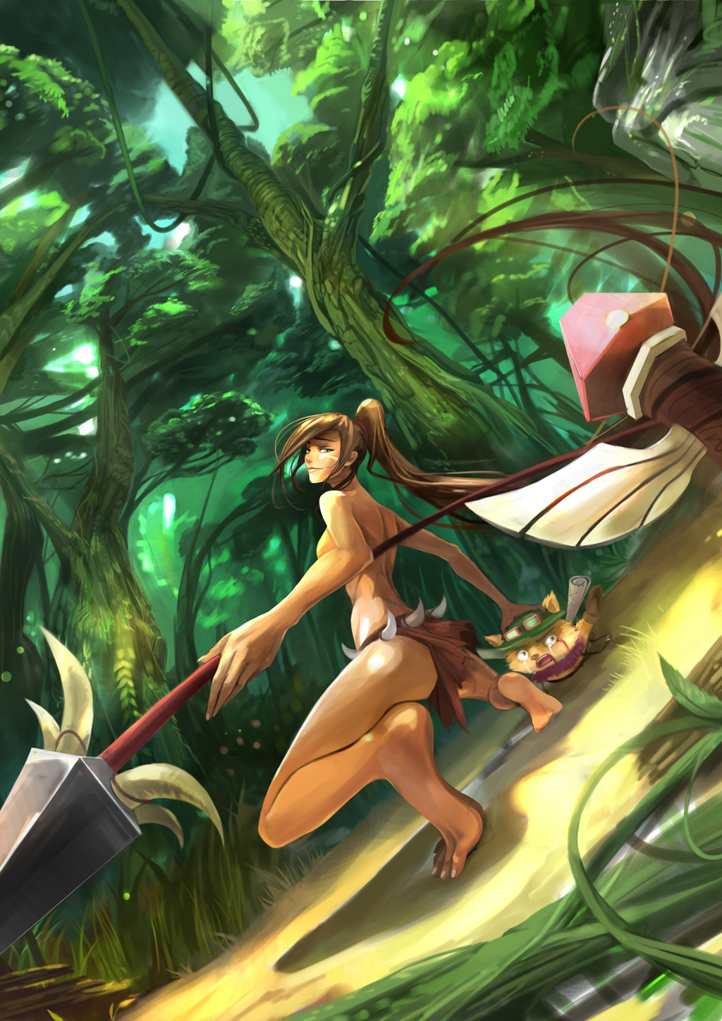 1girl, barefoot, blood, breasts, cleavage, crying, dada_pig, dutch_angle, fisheye, foreshortening, forest, highres, league_of_legends, long_hair, midriff, nature, nidalee, perspective, polearm, ponytail, soles, spear, squatting, tears, teemo, toes, topless_female, tree, tribal, ward_(league_of_legends), weapon