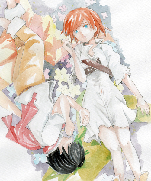 1boy, 1girl, bad_id, bad_pixiv_id, bec_mcconn, beranabus, black_hair, blue_eyes, boots, bran_(the_demonata), cape, copyright_request, dress, closed_eyes, flower, lying, red_hair, rotational_symmetry, short_hair, the_demonata, traditional_media, aged_down