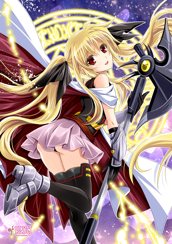 00s, 1girl, artist_name, bardiche_(bullova_form)_(nanoha), bardiche_(nanoha), black_gloves, black_thighhighs, blonde_hair