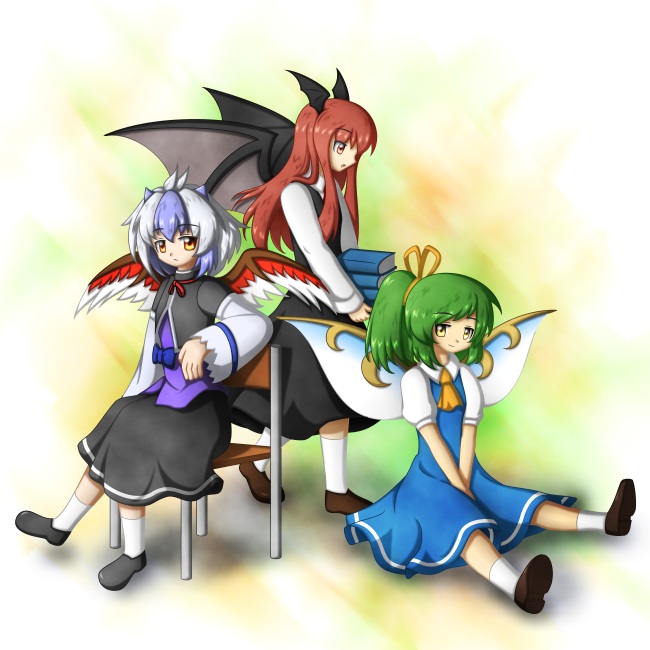 3girls, :/, :o, arm_support, ascot, bat_wings, blue_dress, blue_hair, book, book_stack, bow, chair, crossed_legs, daiyousei, dress, dress_shirt, fairy_wings, feathers, green_hair, hair_bow, hands_on_lap, head_wings, holding, holding_book, horns, ilk, koakuma, light_smile, long_hair, long_sleeves, looking_at_viewer, multicolored_hair, multiple_girls, orange_eyes, puffy_short_sleeves, puffy_sleeves, red_eyes, red_hair, ribbon, shirt, shoes, short_hair, short_sleeves, side_ponytail, simple_background, sitting, skirt, skirt_set, socks, tokiko_(touhou), touhou, trait_connection, two-tone_hair, v_arms, vest, walking, white_hair, white_shirt, wide_sleeves, wings, yellow_eyes, yellow_ribbon
