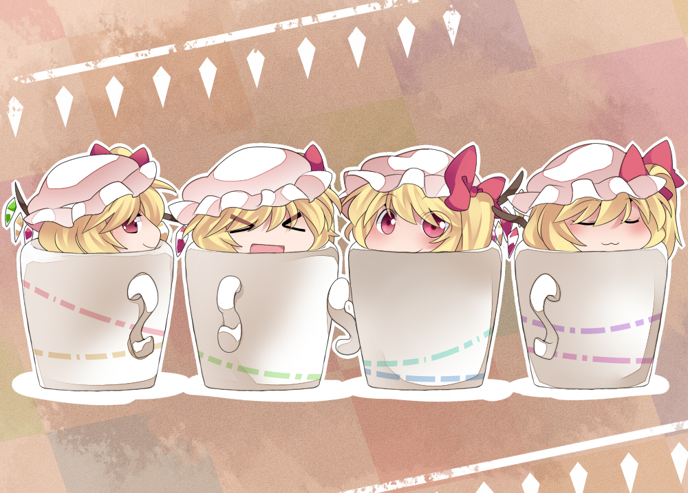>_<, 4girls, :3, :d, blonde_hair, blush, chibi, clone