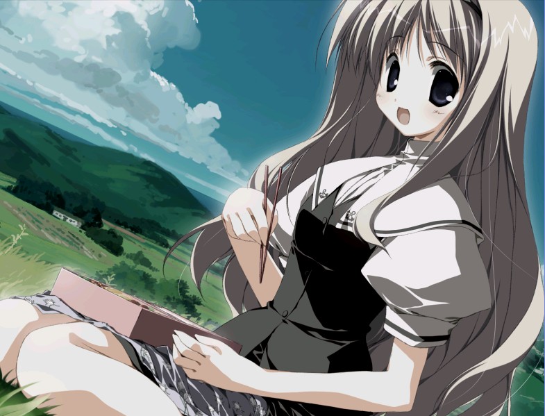 1girl, blush, eating, female_focus, long_hair, root_after_and_another, school_uniform, serafuku, smile, solo