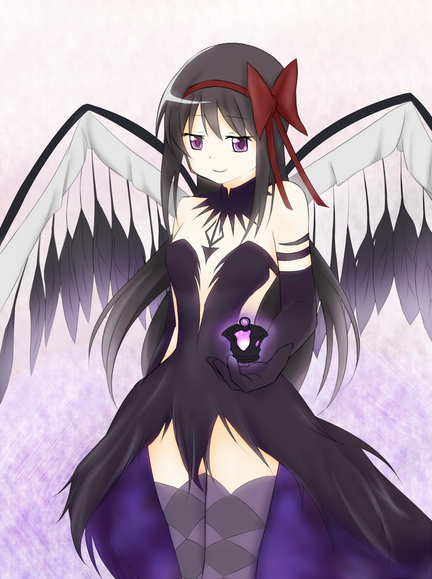10s, 1girl, akemi_homura, akuma_homura, argyle_clothes, argyle_thighhighs, bare_shoulders, black_gloves, black_hair, bow, choker, dark_orb_(madoka_magica), dress, elbow_gloves, feathered_wings, female_focus, gloves, hair_bow, long_hair, mahou_shoujo_madoka_magica, mahou_shoujo_madoka_magica:_hangyaku_no_monogatari, purple_eyes, rinkusu, simple_background, smile, solo, spoilers, thighhighs, wings, zettai_ryouiki