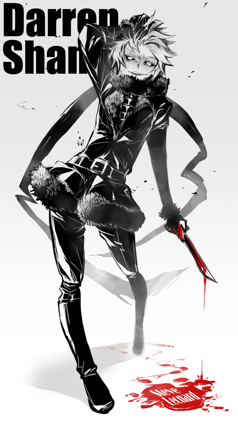 1boy, belt, black_sclera, blood, blood_splatter, blood_stain, character_name, colored_sclera, copyright_name, evil_smile, fur_trim, highres, knife, male_focus, melay_(khrssc), open_mouth, scarf, short_hair, smile, solo, spoilers, steve_leonard, the_saga_of_darren_shan