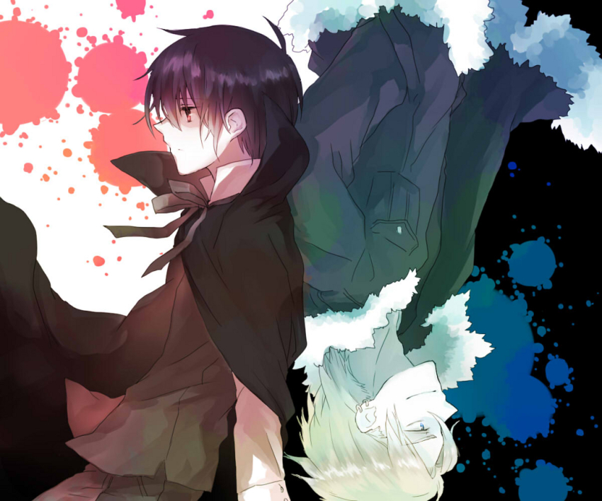 2boys, black_hair, blonde_hair, blood, blood_splatter, blue_eyes, coat, darren_shan
