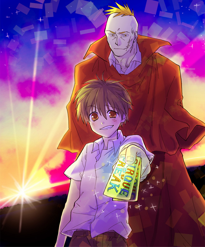 2boys, bad_id, bad_pixiv_id, black_hair, brown_eyes, cape, capelet, darren_shan
