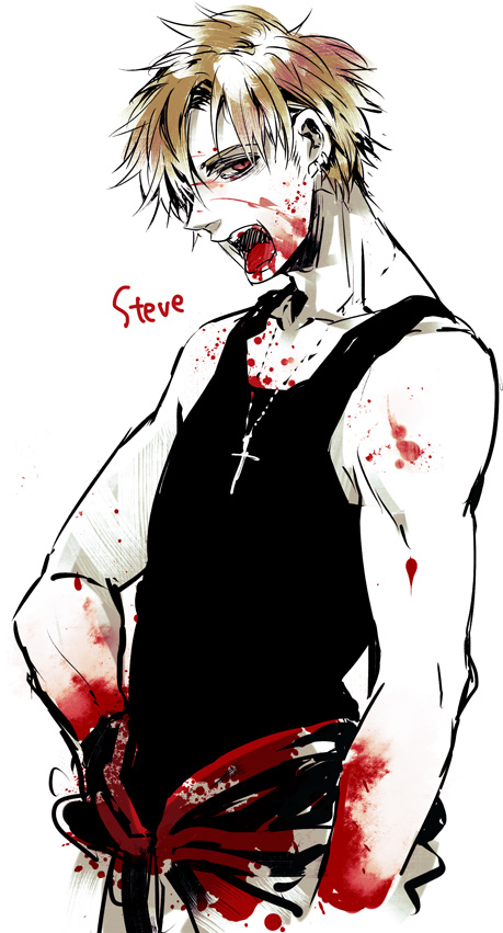 1boy, bad_id, bad_pixiv_id, bare_shoulders, blonde_hair, blood, blood_in_mouth, blood_splatter